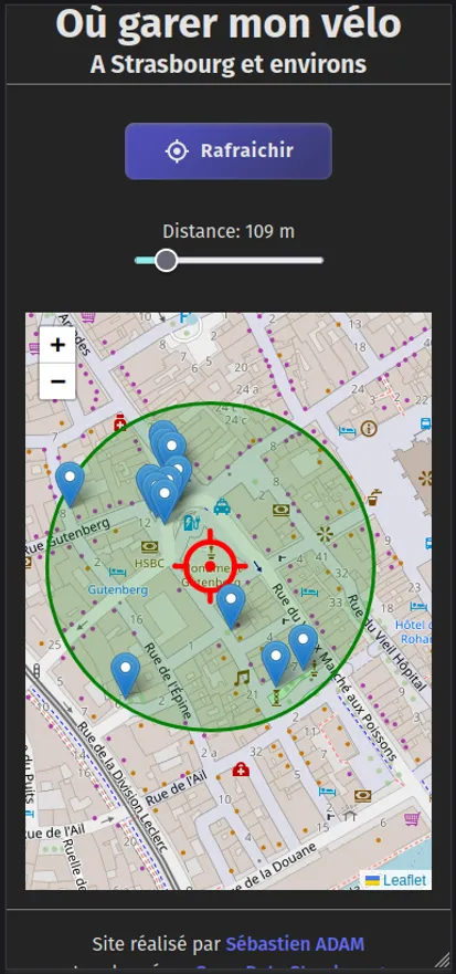 Une carte de Strasbourg avec la localisation d'arceaux vélo, version mobile