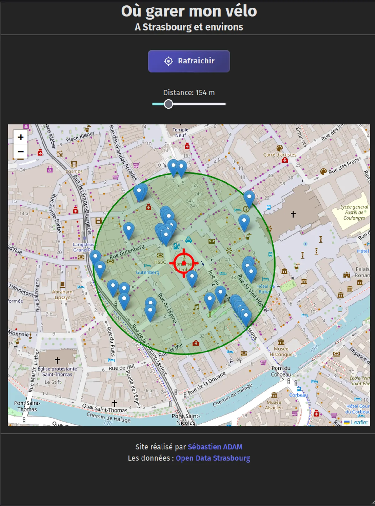 Une carte de Strasbourg avec la localisation d'arceaux vélo